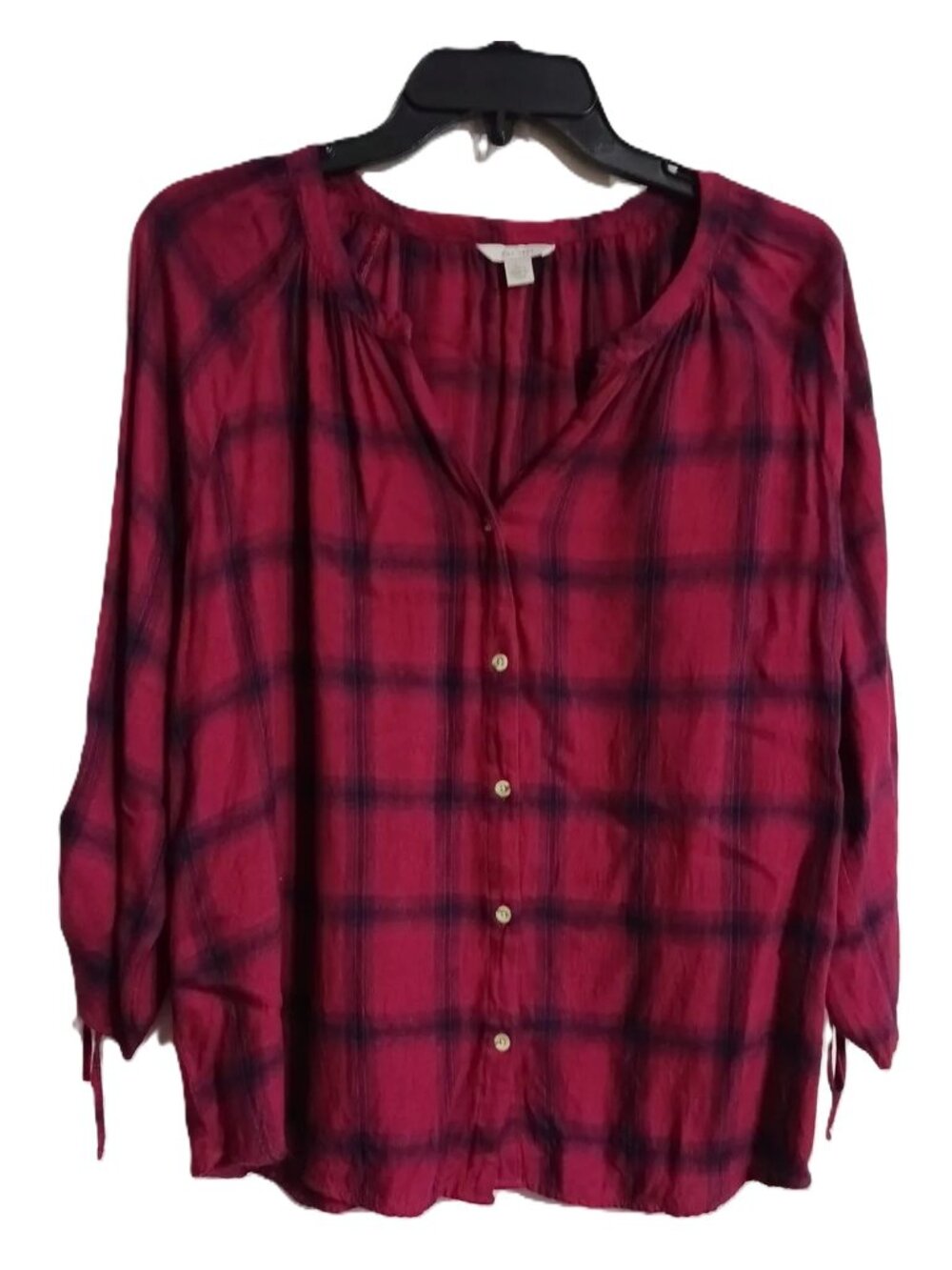 Est 1946 SZ 26/28 Collarless Red & Black Plaid top w/cinched sleeves
